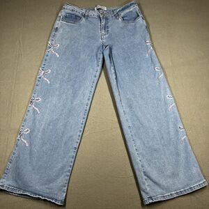 Gigi Jeans Womans size 9 pink bows light medium wash denim wide leg jeans